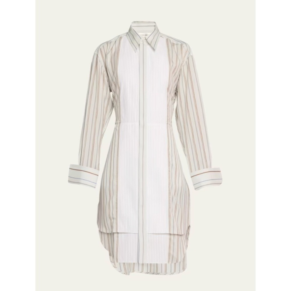 Victoria Beckham Stripe Button Down Dress with Pleated Plastron in White sz 4